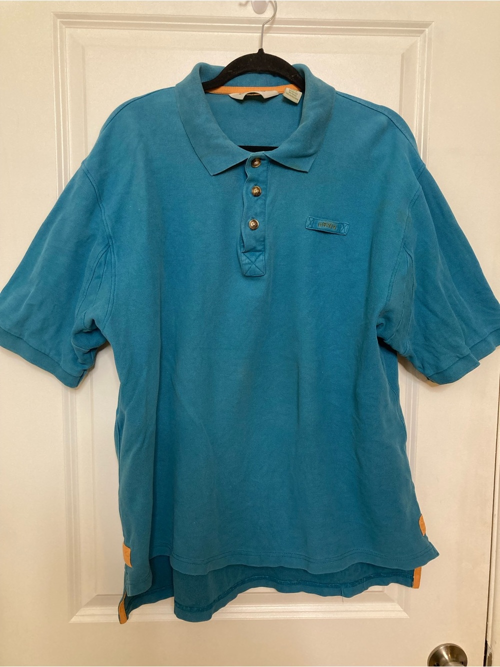 Orvis VINTAGE Fishing Cotton Green Embroidered Rugby Polo Shirt Men's Size L